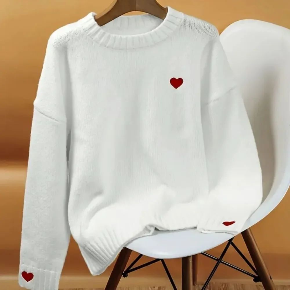 SHEIN White Sweater with Red Heart Details